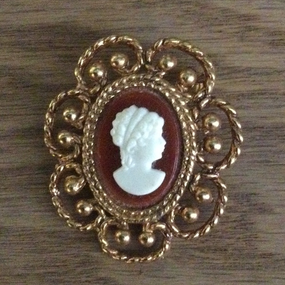Victorian style antique bronze tone border oval resin Cameo Brooch